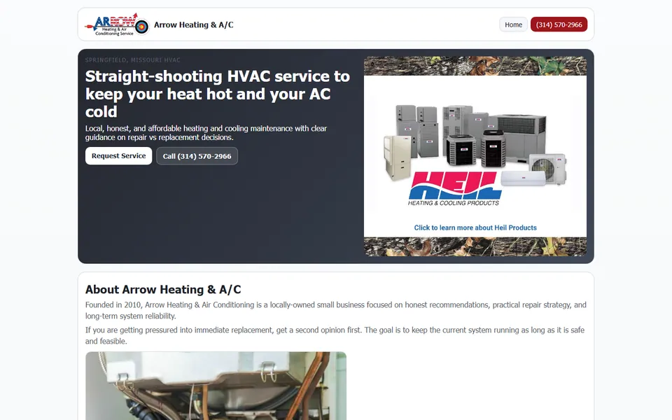 Arrow Heating and Air Conditioning Service website preview
