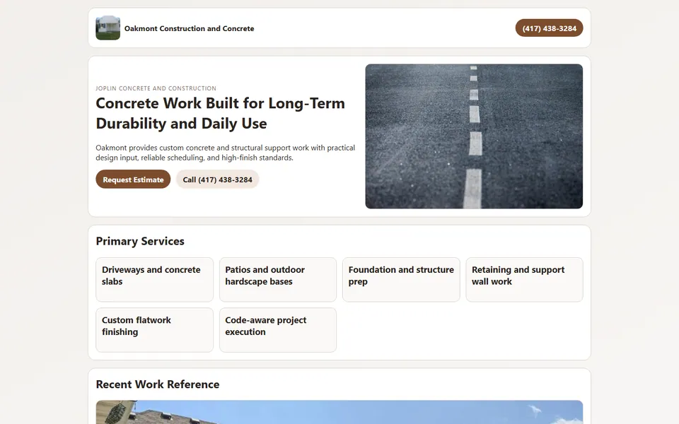 Oakmont Construction and Concrete website preview